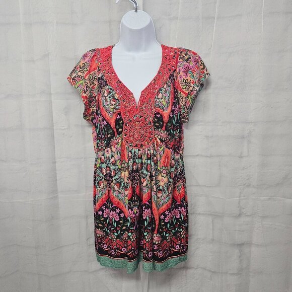 Covington Tops - Pink Black Boho Y2K Babydoll Blouse Paisley Floral Retro Hippie Crochet L